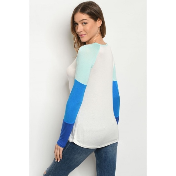 Ivory and Blue Long sleeve color block Tee - Picture 4 of 4